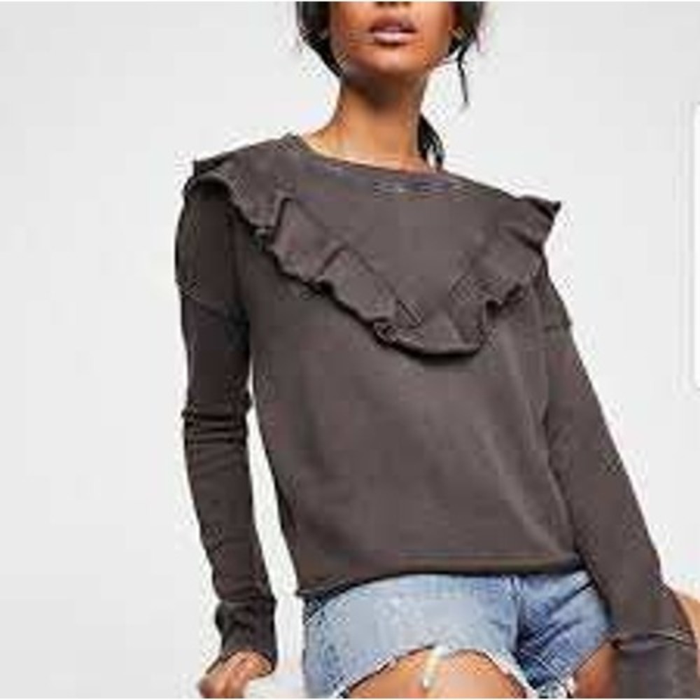 Free People‎ Boho Chic Gray Ooh La Ruffle Distressed Pullover Sweatshirt M